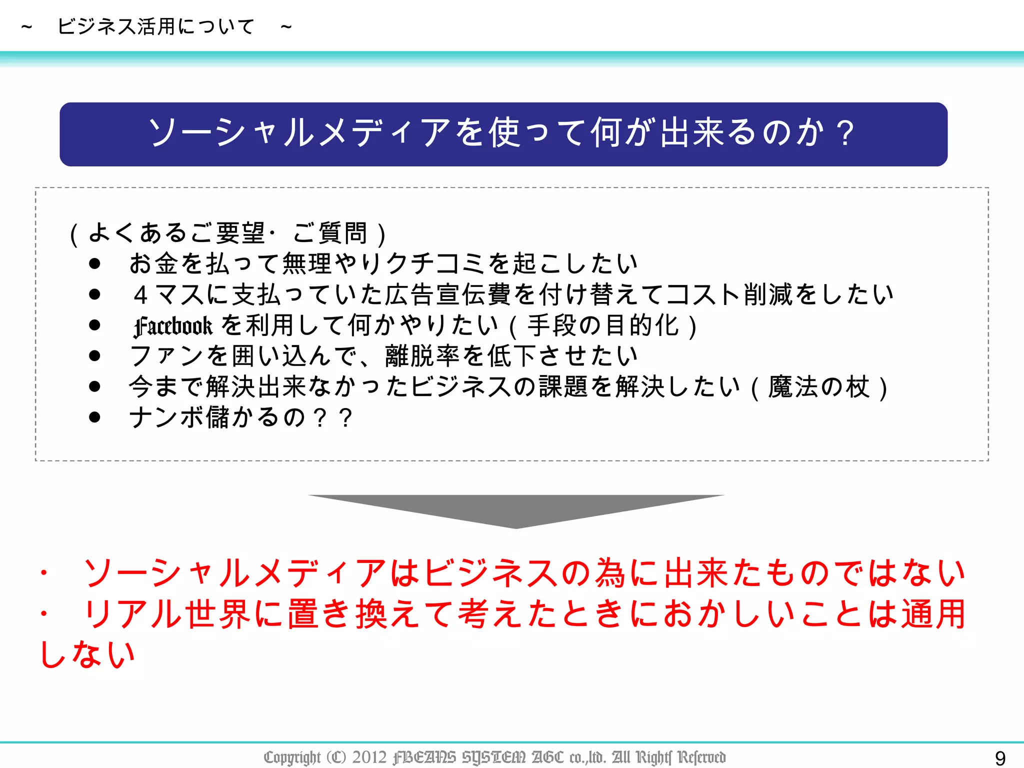 Copyright (C) 2012 FBEANS SYSTEM AGC co.,ltd. All Rights Reserved ～　ビジネス活用について　～ （よくあるご要望・ご質問） 　●　お金を払って無理やりクチコミを起こしたい 　●　４マスに支払っていた広告宣伝費を付け替えてコスト削減をしたい 　●　 Facebook を利用して何かやりたい（手段の目的化） 　●　ファンを囲い込んで、離脱率を低下させたい 　●　今まで解決出来なかったビジネスの課題を解決したい（魔法の杖） 　●　ナンボ儲かるの？？ ・ ソーシャルメディアはビジネスの為に出来たものではない ・ リアル世界に置き換えて考えたときにおかしいことは通用しない ソーシャルメディアを使って何が出来るのか？ 