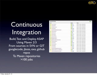 Continuous
                   Integration
                Build, Test and Deploy ASAP
                       Using Maven 2/3
               From sources in SVN or GIT
               googlecode, jboss, exo, github
                             repos
                  To Maven repositories
                          >100 jobs



Friday, January 27, 12
 