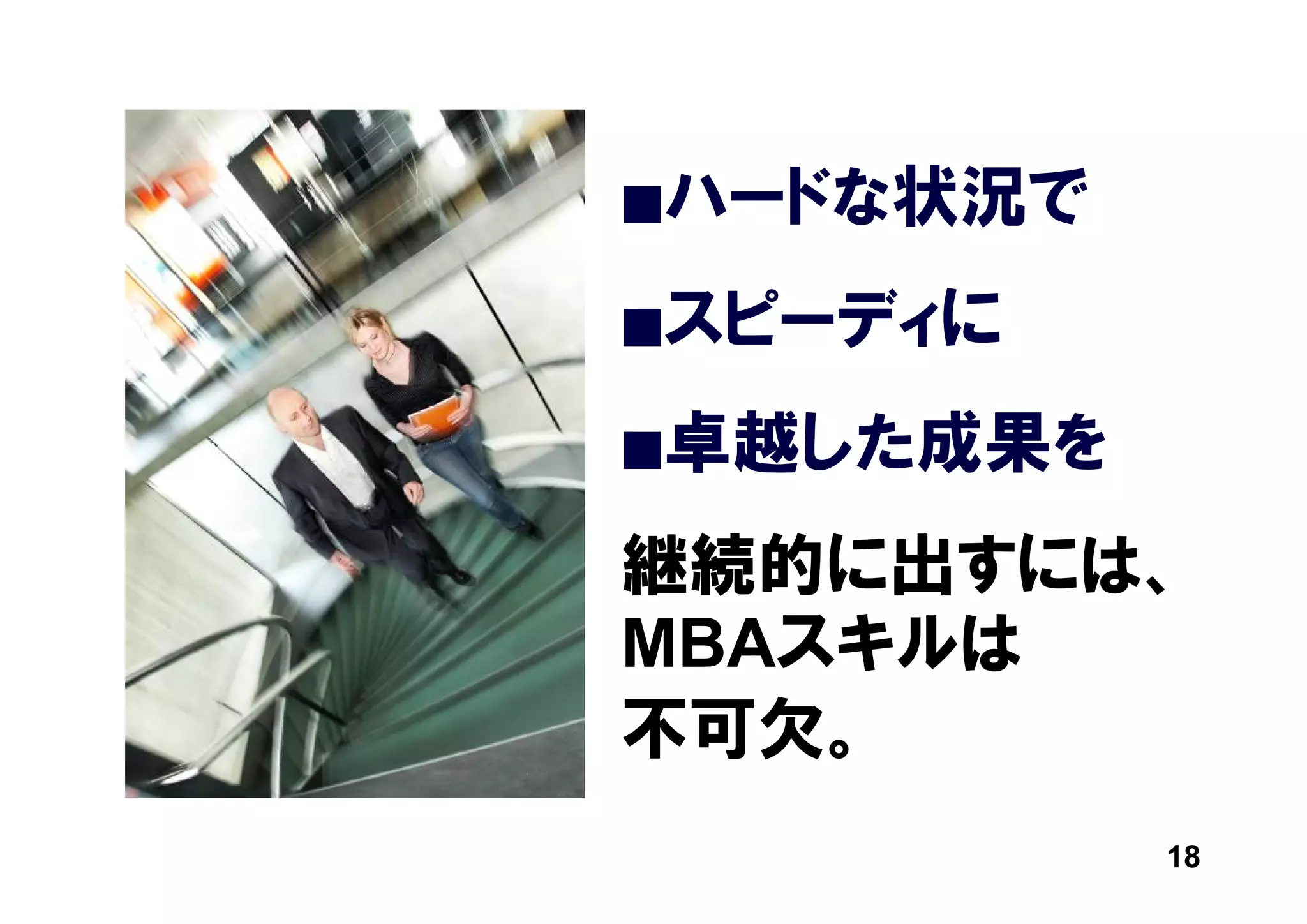 ■ハードな状況で

■スピーディに

■卓越した成果を

継続的に出すには、
MBAスキルは
不可欠。
           18
 