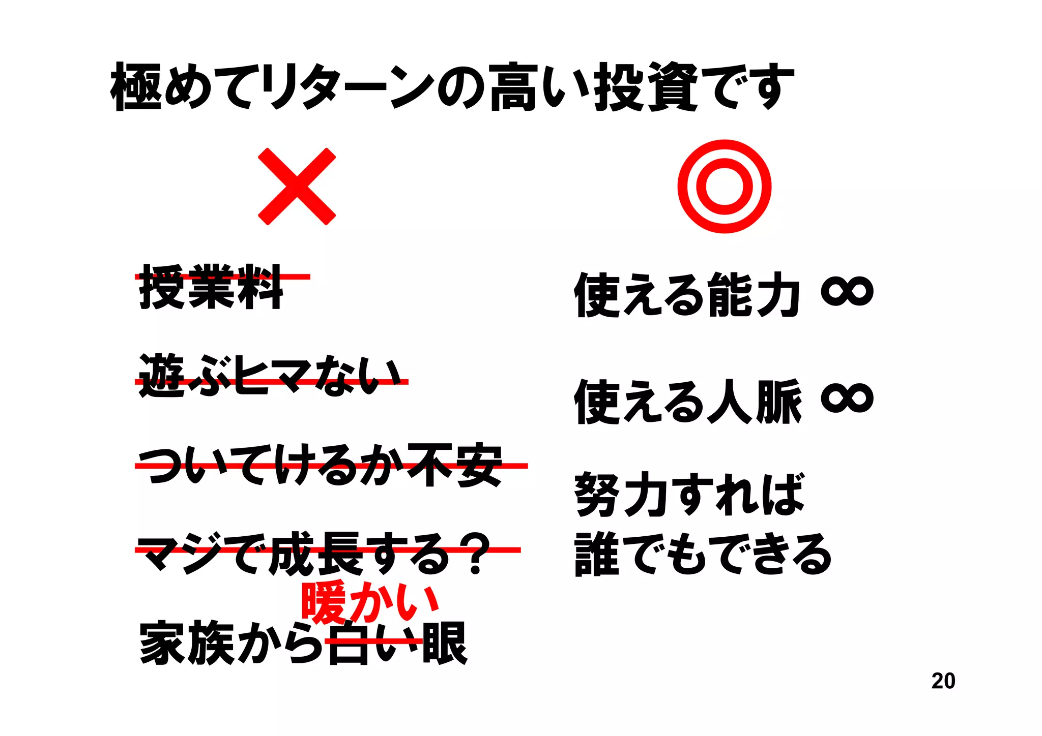 極めてリターンの高い投資です

  ×          ◎
授業料        使える能力 ∞
遊ぶヒマない
           使える人脈 ∞
ついてけるか不安
           努力すれば
マジで成長する？   誰でもできる
    暖かい
家族から白い眼
                     20
 