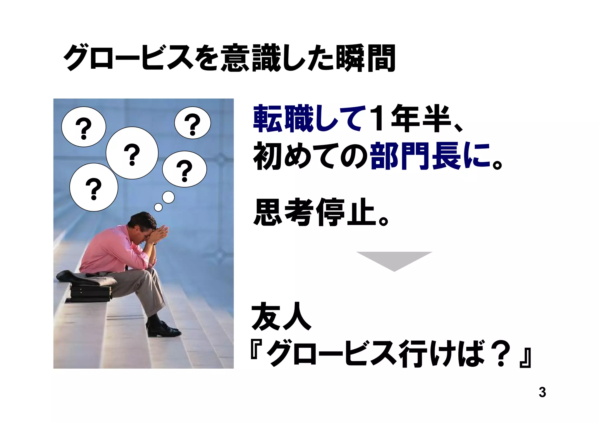グロービスを意識した瞬間

？       ？   転職して１年半、
    ？
        ？
            初めての部門長に。
？
            思考停止。


            友人
            『グロービス行けば？』
                          3
 