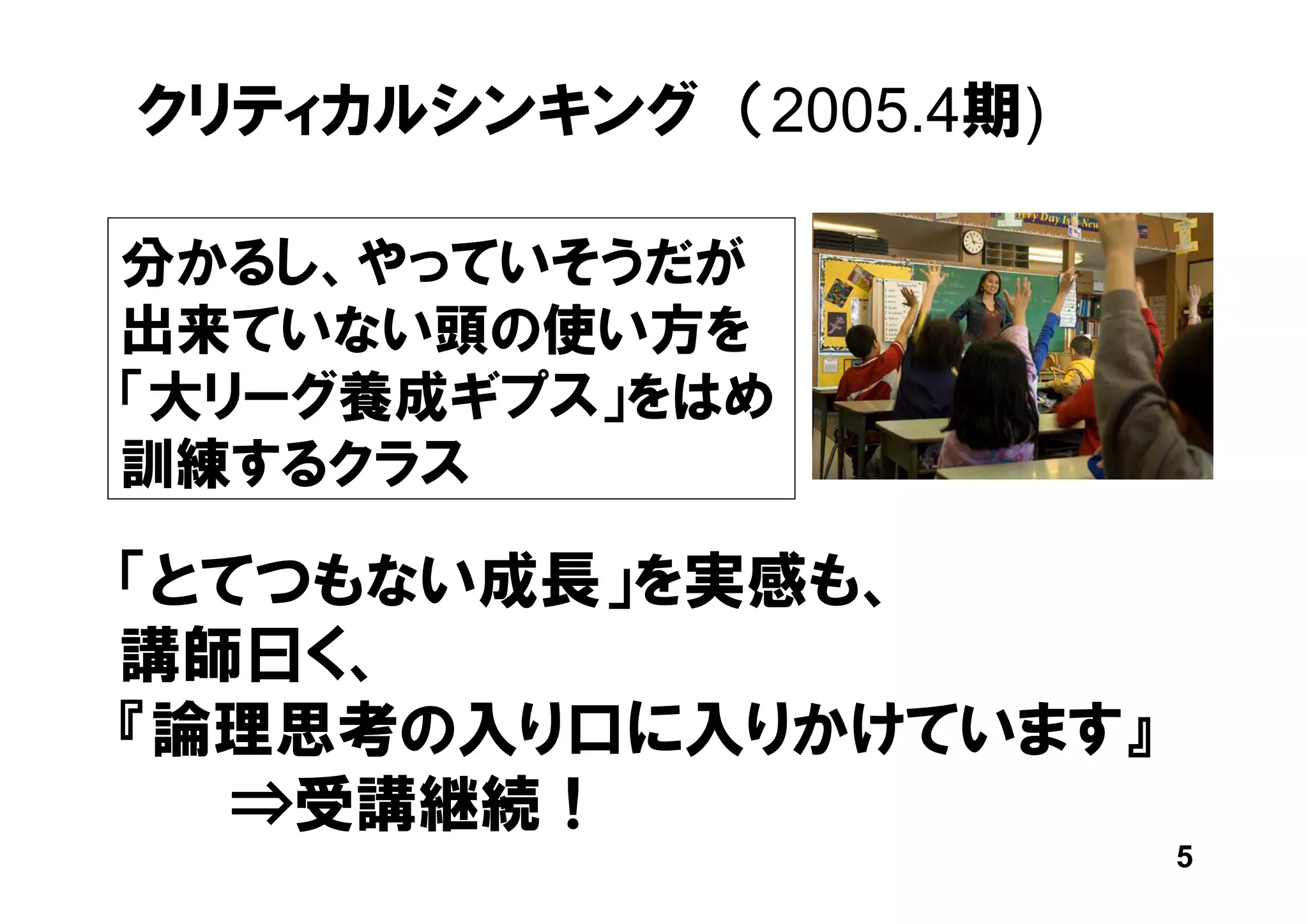 クリティカルシンキング （2005.4期)

分かるし、やっていそうだが
出来ていない頭の使い方を
「大リーグ養成ギプス」をはめ
訓練するクラス

「とてつもない成長」を実感も、
講師曰く、
『論理思考の入り口に入りかけています』
   ⇒受講継続！
                        5
 