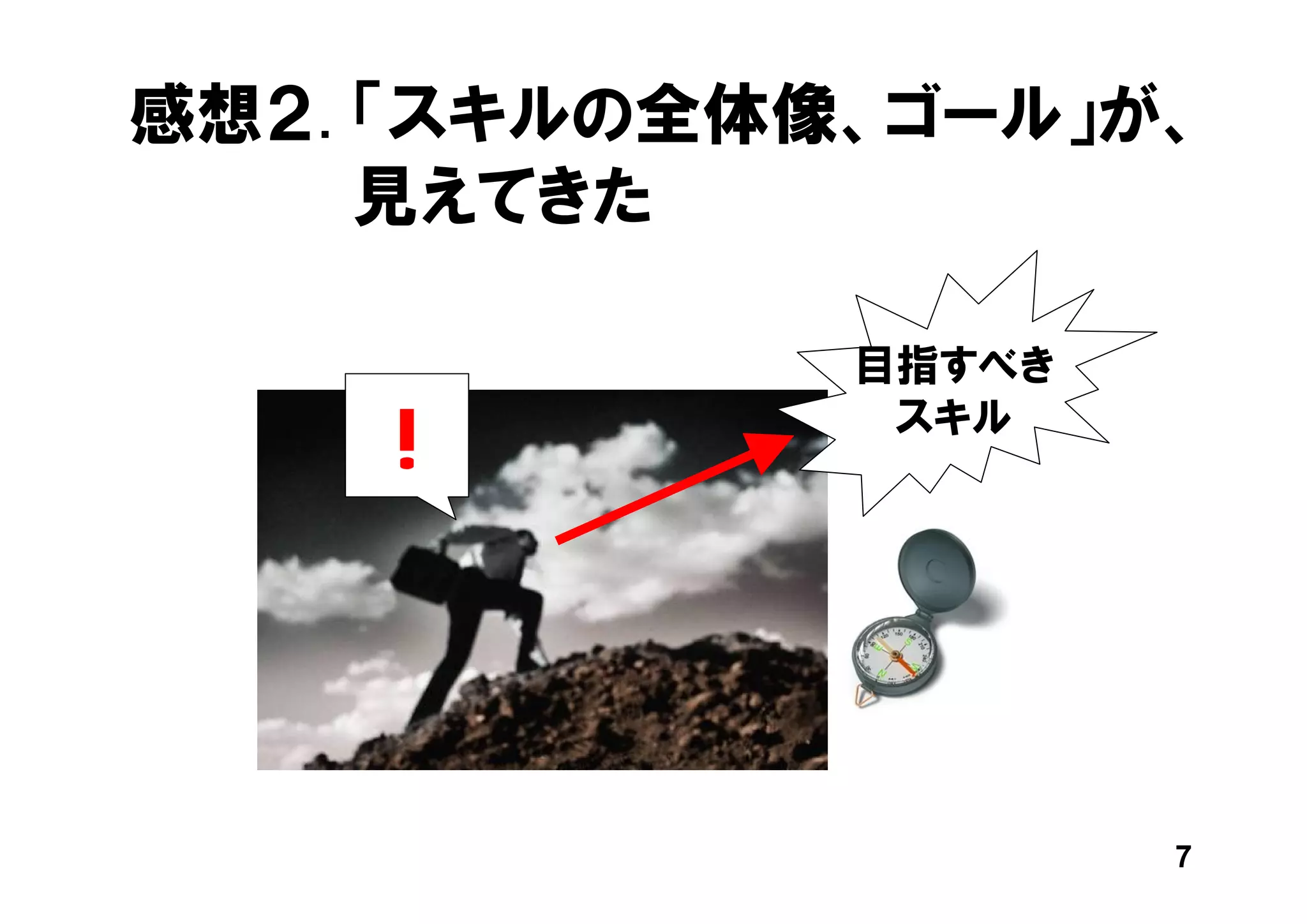 感想２. 「スキルの全体像、ゴール」が、
     見えてきた

             目指すべき

    !         スキル




                     7
 