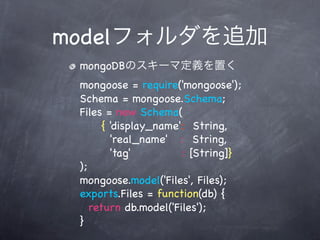 model
  mongoDB
  mongoose = require('mongoose');
  Schema = mongoose.Schema;
  Files = new Schema(
        { 'display_name': String,
          'real_name' : String,
          'tag'         : [String]}
  );
  mongoose.model('Files', Files);
  exports.Files = function(db) {
     return db.model('Files');
  }
 
