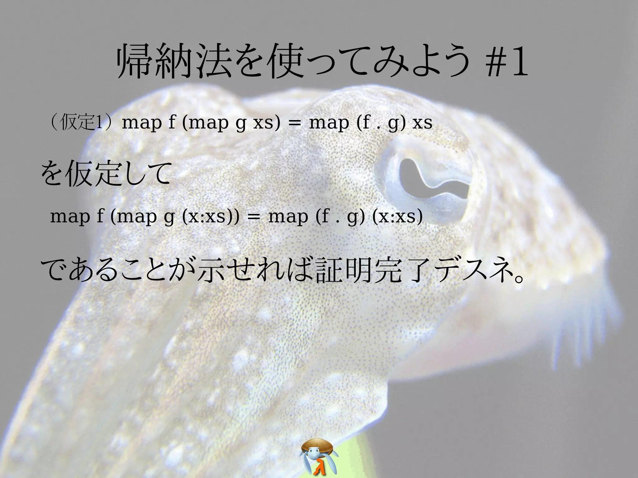 (仮定1) map f (map g xs) = map (f . g) xs




map f (map g (x:xs)) = map (f . g) (x:xs)
 