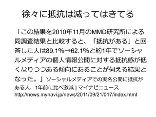 徐々に抵抗は減ってはきてる
「この結果を2010年11月のMMD研究所による
同調査結果と比較すると、「抵抗がある」と回
答した人は89.1％→62.1％と約1年でソーシャ
ルメディアの個人情報公開に対する抵抗感が低
くなりつつある傾向にあることが伺える結果と
なった。」ソーシャルメディアでの実名公開に抵抗が
ある人、1年前に比べ激減 | マイナビニュース
http://news.mynavi.jp/news/2011/09/21/017/index.html
 