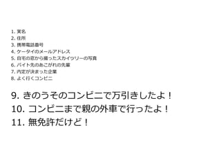 1.   実名
2.   住所
3.   携帯電話番号
4.   ケータイのメールアドレス
5.   自宅の窓から撮ったスカイツリーの写真
6.   バイト先のあこがれの先輩
7.   内定が決まった企業
8. よく行くコンビニ



9. きのうそのコンビニで万引きしたよ！
10. コンビニまで親の外車で行ったよ！
11. 無免許だけど！
 