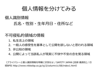 個人情報を分けてみる
個人識別情報
  氏名・性別・生年月日・住所など


不可侵私的領域の情報
  1. 私生活上の領域
  2. 一般人の感受性を基準として公開を欲しないと思われる領域
  3. 非公知の領域
  4. 公開によって当該私人が現実に不快や不安の念を覚る領域

（プライバシーと個人識別情報を明確に区別せよ / SAFETY JAPAN [田淵 義朗氏] / 日
経BP社 http://www.nikkeibp.co.jp/sj/2/column/c/08/index1.html）
 