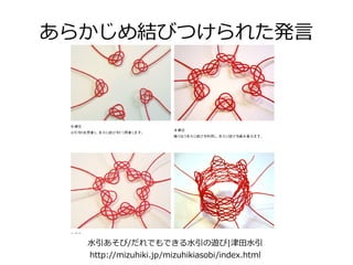 あらかじめ結びつけられた発言




  水引あそび/だれでもできる水引の遊び|津田水引
  http://mizuhiki.jp/mizuhikiasobi/index.html
 