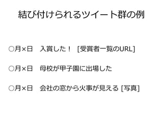 結び付けられるツイート群の例


○月×日　入賞した！ [受賞者一覧のURL]


○月×日　母校が甲子園に出場した


○月×日　会社の窓から火事が見える [写真]
 