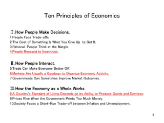 5
Ten Principles of Economics 	
Ⅰ.How People Make Decisions.	
1:People Face Trade-offs.	
2:The Cost of Something Is What You Give Up to Get It.	
3:Rational People Think at the Margin.	
4:People Respond to Incentives.	
	
Ⅱ.How People Interact.	
5:Trade Can Make Everyone Better Off.	
6:Markets Are Usually a Goodway to Organize Economic Activity.	
7:Governments Can Sometimes Improve Market Outcomes.	
	
Ⅲ.How the Economy as a Whole Works	
8:A Country's Standard of Living Depends on its Ability to Produce Goods and Services.	
9:Prices Rise When the Government Prints Too Much Money.	
10:Society Faces a Short-Run Trade-off between Inflation and Umemployment.	
 
