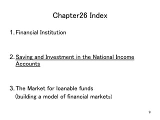 9
Chapter26 Index	
1. Financial Institution	
2. Saving and Investment in the National Income
Accounts	
3. The Market for loanable funds	
(building a model of financial markets)	
 