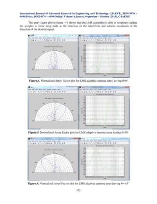 International Journal of Advanced Research in Engineering and Technology (IJARET), ISSN 0976 –
6480(Print), ISSN 0976 – 6499(Online) Volume 4, Issue 6, September – October (2013), © IAEME

The array factor plot in figure 4-6 shows that the LMS algorithm is able to iteratively update
the weights to force deep nulls at the direction of the interferers and achieve maximum in the
direction of the desired signal.

Figure.4. Normalized Array Factor plot for LMS adaptive antenna array having θ=0°

Figure.5. Normalized Array Factor plot for LMS adaptive antenna array having θ=30°

Figure.6. Normalized Array Factor plot for LMS adaptive antenna array having θ=-45°
172

 