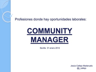 COMMUNITY
MANAGER
Profesiones donde hay oportunidades laborales:
Sevilla 31 enero 2012
Jesús Callejo Maderuelo
@j_callejo
 