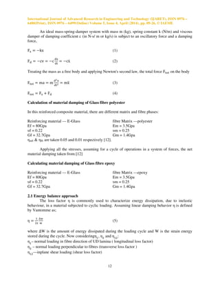 International Journal of Advanced Research in Engineering and Technology (IJARET), ISSN 0976 –
6480(Print), ISSN 0976 – 6499(Online) Volume 5, Issue 4, April (2014), pp. 09-26, © IAEME
12
An ideal mass-spring-damper system with mass m (kg), spring constant k (N/m) and viscous
damper of damping coefficient c (in N-s/ m or kg/s) is subject to an oscillatory force and a damping
force,
Fୱ ൌ െkx (1)
Fୢ ൌ െcv ൌ െc
ୢ୶
ୢ୲
ൌ െcxሶ (2)
Treating the mass as a free body and applying Newton's second law, the total force F୲୭୲ on the body
F୲୭୲ ൌ ma ൌ m
ୢమ୶
ୢ୲మ ൌ mxሷ (3)
F୲୭୲ ൌ Fୱ ൅ Fୢ (4)
Calculation of material damping of Glass fibre polyester
In this reinforced composite material, there are different matrix and fibre phases:
Reinforcing material --- E-Glass fibre Matrix ---polyester
Ef = 80Gpa Em = 3.5Gpa
υf = 0.22 υm = 0.25
Gf = 32.7Gpa Gm = 1.4Gpa
ηmE & ηfE are taken 0.05 and 0.01 respectively [12].
Applying all the stresses, assuming for a cycle of operations in a system of forces, the net
material damping taken from [12]
Calculating material damping of Glass fibre epoxy
Reinforcing material --- E-Glass fibre Matrix ---epoxy
Ef = 80Gpa Em = 3.5Gpa
υf = 0.22 υm = 0.25
Gf = 32.7Gpa Gm = 1.4Gpa
2.1 Energy balance approach
The loss factor η is commonly used to characterize energy dissipation, due to inelastic
behaviour, in a material subjected to cyclic loading. Assuming linear damping behavior η is defined
by Vantomme as;
η ൌ
ଵ
ଶπ
∆୵
୵
(5)
where ∆W is the amount of energy dissipated during the loading cycle and W is the strain energy
stored during the cycle. Now consideringηଵ
, ηଶ
and ηଵଶ
:
ηଵ
– normal loading in fibre direction of UD lamina ( longitudinal loss factor)
ηଶ
– normal loading perpendicular to fibres (transverse loss factor )
ηଵଶ
—inplane shear loading (shear loss factor)
 