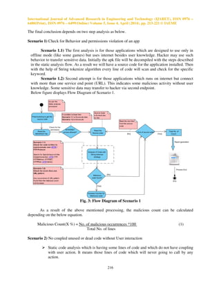 International Journal of Advanced Research in Engineering and Technology (IJARET), ISSN 0976 –
6480(Print), ISSN 0976 – 6499(Online) Volume 5, Issue 4, April (2014), pp. 213-221 © IAEME
216
The final conclusion depends on two step analysis as below.
Scenario 1) Check for Behavior and permissions violation of an app
Scenario 1.1) The first analysis is for those applications which are designed to use only in
offline mode (like some games) but uses internet besides user knowledge. Hacker may use such
behavior to transfer sensitive data. Initially the apk file will be decompiled with the steps described
in the static analysis flow. As a result we will have a source code for the application installed. Then
with the help of String tokenize algorithm every line of code will scan and check for the specific
keyword.
Scenario 1.2) Second attempt is for those applications which runs on internet but connect
with more than one service end point (URL). This indicates some malicious activity without user
knowledge. Some sensitive data may transfer to hacker via second endpoint.
Below figure displays Flow Diagram of Scenario 1.
Fig. 3: Flow Diagram of Scenario 1
As a result of the above mentioned processing, the malicious count can be calculated
depending on the below equation.
Malicious Count(X %) = No. of malicious occurrences *100 (1)
Total No. of lines
Scenario 2) No coupled unused or dead code without User interaction
Static code analysis which is having some lines of code and which do not have coupling
with user action. It means those lines of code which will never going to call by any
action.
 