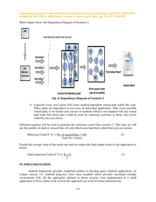 International Journal of Advanced Research in Engineering and Technology (IJARET), ISSN 0976 –
6480(Print), ISSN 0976 – 6499(Online) Volume 5, Issue 4, April (2014), pp. 213-221 © IAEME
217
Below figure shows the Dependence Diagram of Scenario 2.
Fig. 4: Dependence Diagram of Scenario 2
Logically every user action will create method dependent virtual path within the code.
These paths are dependent on use-cases of individual application. After every possible
virtual path, if we found some classes or methods which is not mapped with any virtual
path node then those lines could be used for malicious activities as those were never
called by any user action.
Different equation will be used to generate the malicious count from scenario 2. This time we will
use the number of dead or unused lines of code which never had been called from any user action.
Malicious Count(Y %) = No. of unused lines * 100 (2)
Total No. of lines
Finally the average value of the result one and two makes the final output result of any application as
below,
Final malicious Count (C %) = X + Y (3)
2
IV. IMPLEMENTATION
Android framework provides simplified utilities to develop quick Android applications. In
eclipse version 3.5, Android plug-in(s) have been installed which provides developer friendly
environment [10]. All the approaches defined in above sections were implemented in a small
application to have a better look on how this approach can work for future industrial use.
 
