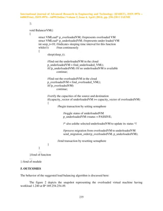 International Journal of Advanced Research in Engineering and Technology (IJARET), ISSN 0976 –
6480(Print), ISSN 0976 – 6499(Online) Volume 5, Issue 4, April (2014), pp. 230-238 © IAEME
235
};
void BalancerVM()
{
struct VMLoad* p_overloadedVM; //represents overloaded VM
struct VMLoad* p_underloadedVM; //represents under loaded VM
int seep_t=10; //indicates sleeping time interval for this function
while(1) //run continuously
{
sleep(sleep_t);
//find out the underloadedVM in the cloud
p_underloadedVM = find_underloaded_VM();
if(!p_underloadedVM) //if no underloadedVM is available
continue;
//find out the overloadedVM in the cloud
p_overloadedVM = find_overloaded_VM();
if(!p_overloadedVM)
continue;
//verify the capacities of the source and destination
if(capacity_vector of underloadedVM >= capacity_vector of overloadedVM)
{
//begin transaction by setting semaphore
//toggle status of underloadedVM
p_underloadedVM->status = PASSIVE;
/* also askthe selected underloadedVM to update its status */
//process migration from overloadedVM to underloadedVM
send_migration_order(p_overloadedVM, p_underloadedVM);
//end transaction by resetting semaphore
}
}
…
}//end of funciton
…
} //end of module
5. OUTCOMES
The behavior of the suggested load balancing algorithm is discussed here:
The figure 2 depicts the snapshot representing the overloaded virtual machine having
workload 1.240 at IP 169.254.254.49.
 