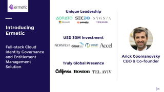 Introducing
Ermetic
Full-stack Cloud
Identity Governance
and Entitlement
Management
Solution
25
Unique Leadership
Truly Global Presence
Your
picture
here
USD 30M Investment
Arick Goomanovsky
CBO & Co-founder
 