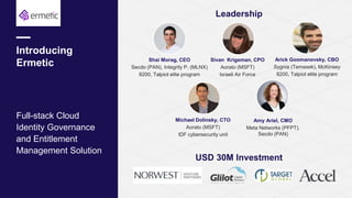 Introducing
Ermetic
Full-stack Cloud
Identity Governance
and Entitlement
Management Solution
27
Amy Ariel, CMO
Meta Networks (PFPT),
Secdo (PAN)
Shai Morag, CEO
Secdo (PAN), Integrity P. (MLNX)
8200, Talpiot elite program
Michael Dolinsky, CTO
Aorato (MSFT)
IDF cybersecurity unit
Sivan Krigsman, CPO
Aorato (MSFT)
Israeli Air Force
Leadership
Arick Goomanovsky, CBO
Sygnia (Temasek), McKinsey
8200, Talpiot elite program
USD 30M Investment
 