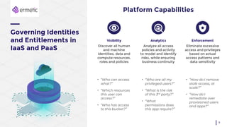 Governing Identities
and Entitlements in
IaaS and PaaS
7
Platform Capabilities
Visibility
Discover all human
and machine
identities, data and
compute resources,
roles and policies
Analytics
Analyze all access
policies and activity
to model and identify
risks, while ensuring
business continuity
Enforcement
Eliminate excessive
access and privileges
based on actual
access patterns and
data sensitivity
• “Who can access
what?”
• “Which resources
this user can
access?”
• “Who has access
to this bucket?”
• “Who are all my
privileged users?”
• “What is the risk
of this 3rd party?”
• “What
permissions does
this app require?”
• “How do I remove
stale access, at
scale?”
• “How do I
remediate over
provisioned users
and apps?”
 