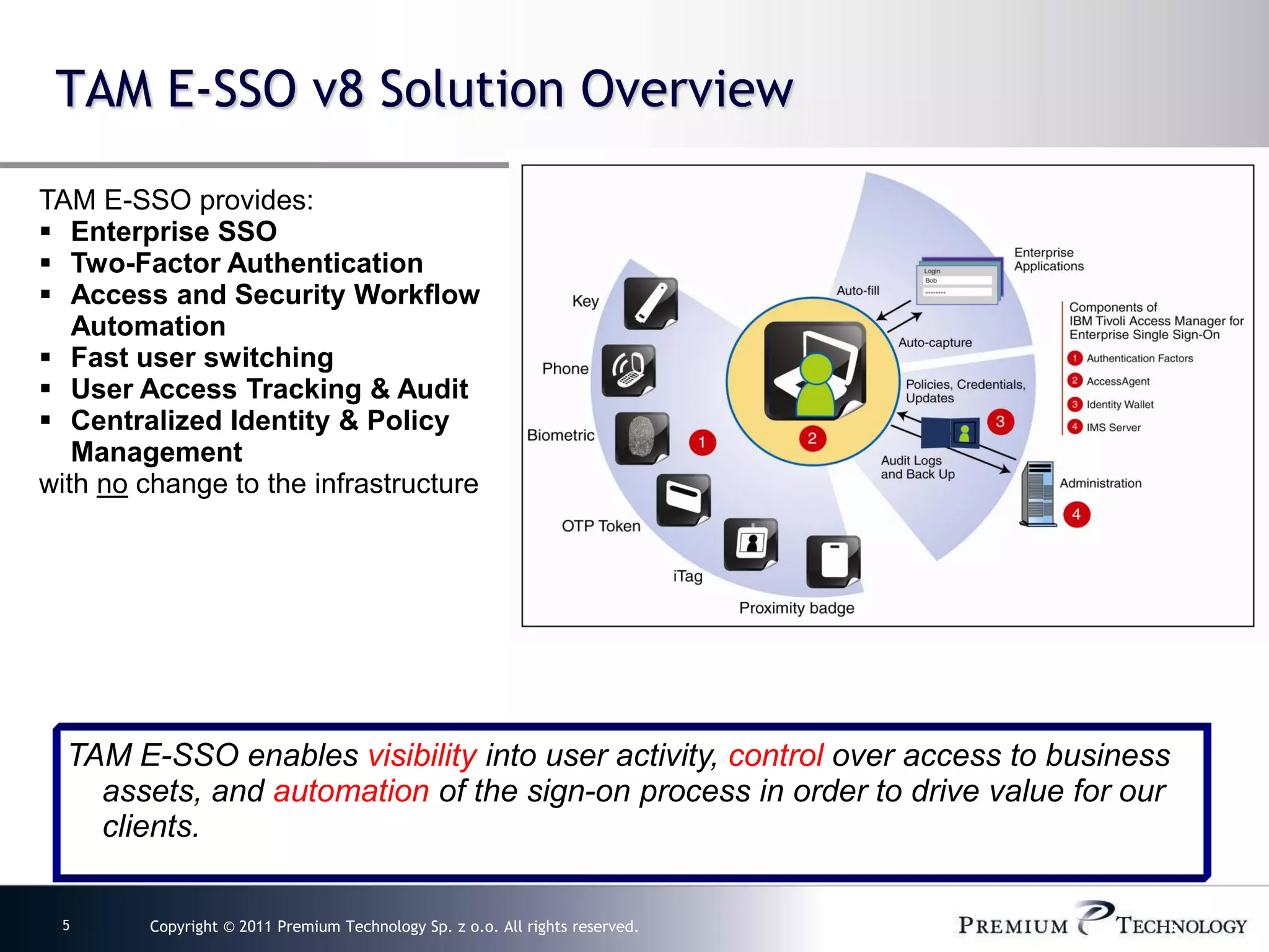 TAM E-SSO v8 Solution Overview

TAM E-SSO provides:
 Enterprise SSO
 Two-Factor Authentication
 Access and Security Workflow
   Automation
 Fast user switching
 User Access Tracking & Audit
 Centralized Identity & Policy
   Management
with no change to the infrastructure




  TAM E-SSO enables visibility into user activity, control over access to business
    assets, and automation of the sign-on process in order to drive value for our
    clients.

 5       Copyright © 2011 Premium Technology Sp. z o.o. All rights reserved.     5
 