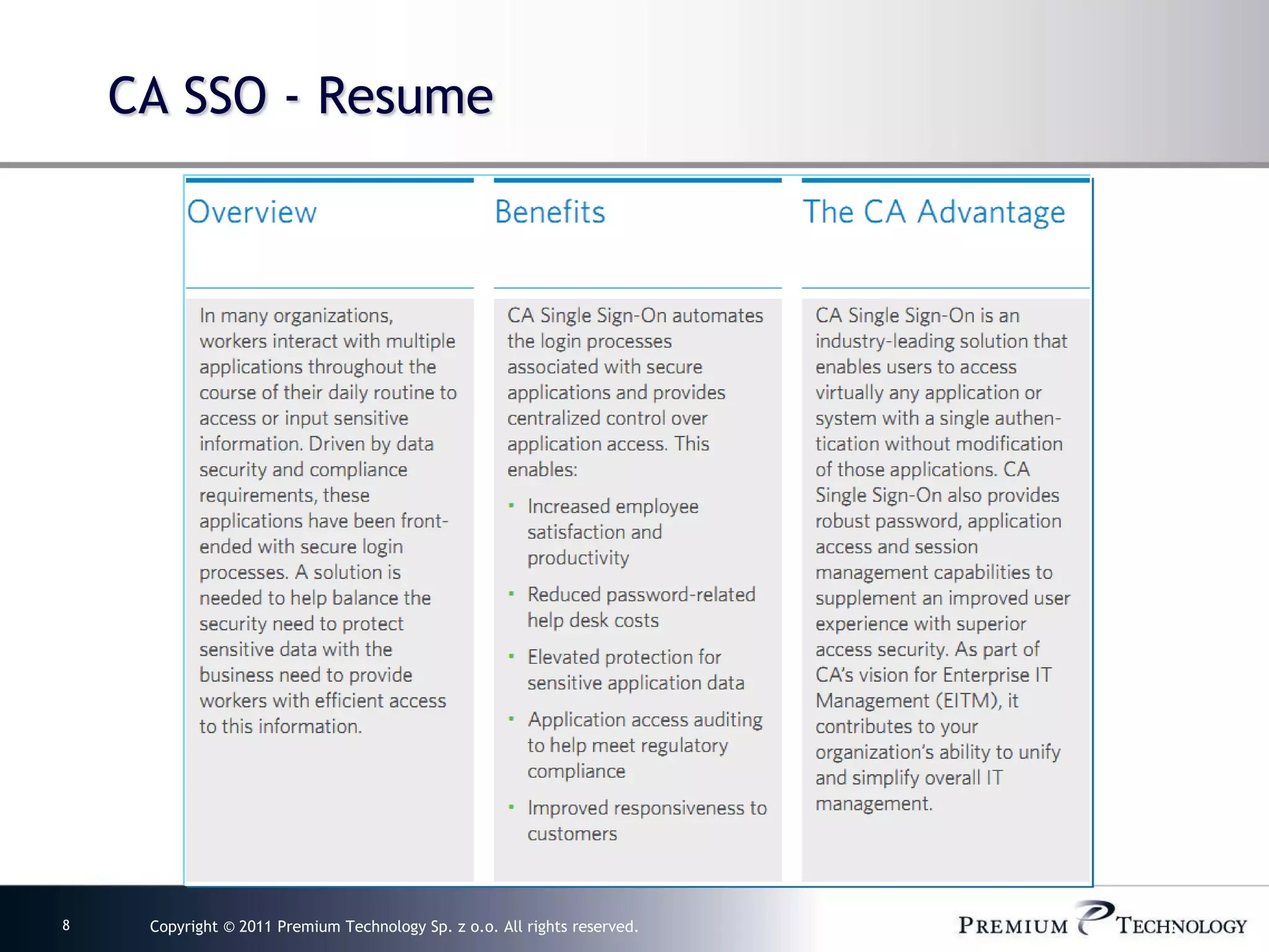 CA SSO - Resume




8    Copyright © 2011 Premium Technology Sp. z o.o. All rights reserved.   8
 