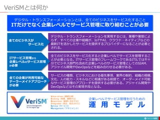 VeriSMとは何か
120
Value-driven (価値主導）
Evolving（発展、展開する）
Responsive（敏感に反応する）
Integrated（統合、結合された）
Service（サービス）
Management（マネジメント）
デジタル・トランスフォーメーションとは、全てのビジネスをサービス化すること
ITだけでなく企業レベルでサービス管理に取り組むことが必要
全てのビジネスが
サービス化
デジタル・トランスフォーメーションを実現するには、業種や業態によ
らず、すべての企業や組織が、IoTやAI、クラウド・ネイティブなどの
最新ITを活かしたサービスを提供するプロバイダーになることが必要と
される。
ITサービス管理から
企業レベルのサービス管理
が必要
全てのビジネスをサービス化すると企業レベルでサービスを管理するこ
とが必要となる。ITサービス管理のフレームワークであるITILでは不十
分でビジネス部門も含めた企業レベルのサービス管理としてのSIAM、
アジャイル開発やDevOpsなどを組み合わせる必要がある。
全ての企業が利用可能な
テーラーメイドアプローチ
が必要
サービスの種類、ビジネスにおける優先事項、業界の制約、組織の規模、
文化、人の能力・スキルなどに相違がある前提で、オーダーメイド可能
なサービス管理のアプローチを提供する必要がある。アジャイル開発や
DevOpsなどはその実現手段となる。
企業レベルでサービス管理を行うための
運 用 モ デ ル
 
