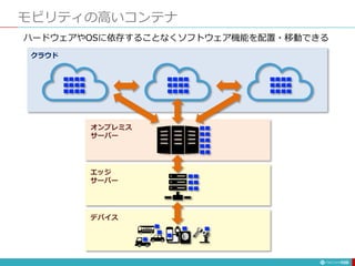 モビリティの高いコンテナ
139
デバイス
エッジ
サーバー
オンプレミス
サーバー
クラウド
ハードウェアやOSに依存することなくソフトウェア機能を配置・移動できる
 