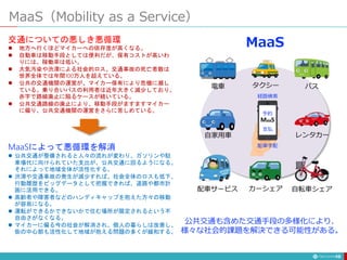 MaaS（Mobility as a Service）
18
電車 タクシー バス
レンタカー
自家用車
配車サービス カーシェア 自転車シェア
MaaS
経路検索
支払
予約
配車手配
MaaS
交通についての悪しき悪循環
 地方へ行くほどマイカーへの依存度が高くなる。
 自動車は移動手段としては便利だが、保有コストが高いわ
りには、稼働率は低い。
 大気汚染や渋滞による社会的ロス、交通事故の死亡者数は
世界全体では年間100万人を超えている。
 公共の交通機関の運営が、マイカー保有により危機に瀕し
ている。乗り合いバスの利用者は近年大きく減少しており、
赤字で路線廃止に陥るケースが続いている。
 公共交通路線の廃止により、移動手段がますますマイカー
に偏り、公共交通機関の運営をさらに苦しめている。
MaaSによって悪循環を解消
 公共交通が整備されると人々の流れが変わり、ガソリンや駐
車場代に向けられていた支出が、公共交通に回るようになる。
それによって地域全体が活性化する。
 渋滞や交通事故の発生が減少すれば、社会全体のロスも低下、
行動履歴をビッグデータとして把握できれば、道路や都市計
画に活用できる。
 高齢者や障害者などのハンディキャップを抱えた方々の移動
が容易になる。
 運転ができるかできないかで住む場所が限定されるという不
自由さがなくなる。
 マイカーに偏る今の社会が解消され、個人の暮らしは改善し、
街の中心部も活性化して地域が抱える問題の多くが緩和する。
公共交通も含めた交通手段の多様化により、
様々な社会的課題を解決できる可能性がある。
 