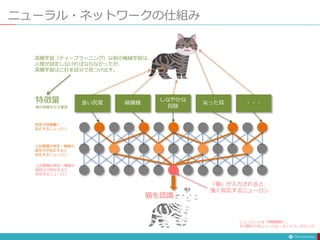 ニューラル・ネットワークの仕組み
長い尻尾 縞模様
しなやかな
四肢
尖った耳 ・・・
猫を認識
特徴量
猫の特徴を示す要素
特定の特徴量に
反応するニューロン
上位階層の特定・複数の
組合せが反応すると
反応するニューロン
上位階層の特定・複数の
組合せが反応すると
反応するニューロン
「猫」が入力されると
強く反応するニューロン
深層学習（ディープラーニング）以前の機械学習は、
人間が設定しなければならなかったが、
深層学習はこれを自分で見つけ出す。
ニューロンとは「神経細胞」。
その繋がりをニューラル・ネットワークという。
 