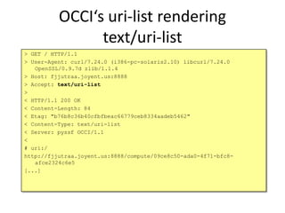 OCCI‘s uri-list rendering
                text/uri-list
> GET / HTTP/1.1
> User-Agent: curl/7.24.0 (i386-pc-solaris2.10) l...