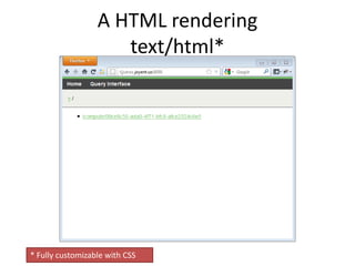 A HTML rendering
                     text/html*




* Fully customizable with CSS
 