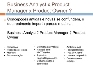 Business Analyst x Product
    Manager x Product Owner ?
   Concepções antigas e novas se confundem, o
    que realmente importa parece mudar…

    Business Analyst ? Product Manager ? Product
    Owner

•   Requisitos           • Definição do Produto   •   Ambiente Ágil
•   Pesquisas e Testes   • Relação com            •   Product Backlog
•   Métricas               MKT/Vendas             •   “Voz do Cliente”
•   Documentação         • Aspectos               •   Uso real do produto
                           Legais/Regulatórios    •   Conversa com
                         • Documentação e             clientes
                           burocracia
 