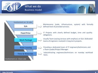 What we do
                              Business model



                 Involvement on Sii side
                      ...
