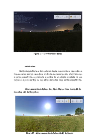 Figura 15 – Movimento do Sol 13




             Conclusões:

       No Hemisfério Norte, o Sol, ao longo do dia, movimenta-se nascendo em
Este, passando por Sul e pondo-se em Oeste. Ao nascer do dia, o Sol indica-nos
o ponto cardeal Este, ao meio-dia a sombra de um objeto projetada no solo
indica-nos o ponto cardeal Sul e ao pôr do Sol indica-nos o ponto cardeal Oeste.



            Altura aparente do Sol nos dias 21 de Março, 21 de Junho, 21 de
Setembro e 21 de Dezembro:




              Figura 15 – Altura aparente do Sol no dia 21 de Março
 