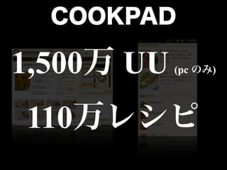 COOKPAD

1,500万 UU   (pc のみ)




110万レシピ
 