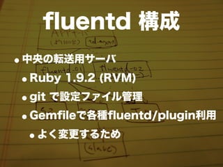 ﬂuentd 構成
•中央の転送用サーバ
 •Ruby 1.9.2 (RVM)
 •git で設定ファイル管理
 •Gemﬁleで各種ﬂuentd/plugin利用
  •よく変更するため
 