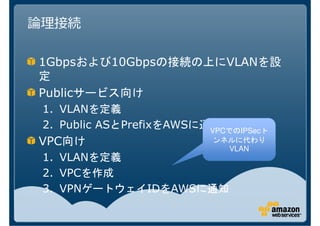 1Gbps          10Gbps           VLAN

Public
1. VLAN
2. Public AS    Prefix AWS   VPCでのIPSecト
VPC                           ンネルに代わり
                                 VLAN
1. VLAN
2. VPC
3. VPN             ID AWS
 