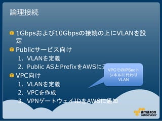 論理接続

1Gbpsおよび10Gbpsの接続の上にVLANを設
定
Publicサービス向け
 1. VLANを定義
 2. Public ASとPrefixをAWSに通知
                          VPCでのIPSecト
VPC向け                       ンネルに代わり
                              VLAN
 1. VLANを定義
 2. VPCを作成
 3. VPNゲートウェイIDをAWSに通知
 