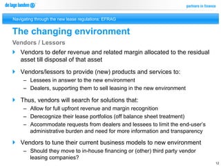 Navigating through the new lease regulations: EFRAG


The changing environment
Vendors / Lessors
}  Vendors to defer revenue and related margin allocated to the residual
    asset till disposal of that asset
}  Vendors/lessors to provide (new) products and services to:
     –  Lessees in answer to the new environment
     –  Dealers, supporting them to sell leasing in the new environment

}  Thus, vendors will search for solutions that:
     –  Allow for full upfront revenue and margin recognition
     –  Derecognize their lease portfolios (off balance sheet treatment)
     –  Accommodate requests from dealers and lessees to limit the end-user’s
        administrative burden and need for more information and transparency

}  Vendors to tune their current business models to new environment
     –  Should they move to in-house financing or (other) third party vendor
        leasing companies?
                                                                                12
 