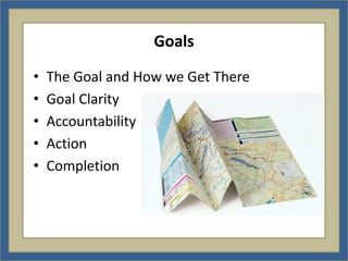 Goals

•   The Goal and How we Get There
•   Goal Clarity
•   Accountability
•   Action
•   Completion
 