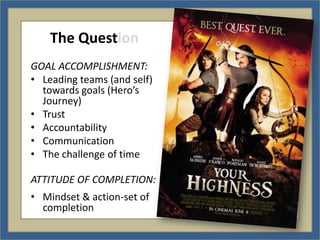 The Question
GOAL ACCOMPLISHMENT:
• Leading teams (and self)
  towards goals (Hero’s
  Journey)
• Trust
• Accountability
• Communication
• The challenge of time

ATTITUDE OF COMPLETION:
• Mindset & action-set of
  completion
 