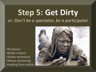 Step 5: Get Dirty
 or: Don’t be a spectator, be a participator




•No bosses
•Builds respect
•Shows teamwork
•Allows mentoring
•Leading from within
 