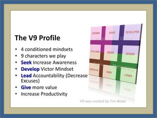 The V9 Profile
• 4 conditioned mindsets
• 9 characters we play
• Seek Increase Awareness
• Develop Victor Mindset
• Lead Accountability (Decrease
  Excuses)
• Give more value
• Increase Productivity
                           V9 was created by Tim Wade
 