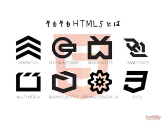 そ そ T M L 5と
                      も もH       は


 SE M A N T IC S     OFFLINE & STORAGE          DEVICE ACCESS            CONNECTIVITY




M UL T I M E D I A   3D,GRAPHICS & EFFECTS   PERFORMANCE & INTEGRATION      CSS3
 
