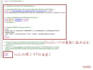 JavaScript 後
                    は最 に読み込む

bodyの閉じタ の直 ！
        グ 前
 