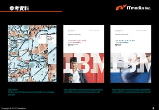 参考資料




       http://www-                                       http://www.ibm.com/services/bcs/jp/solution   http://www.ibm.com/services/bcs/jp/solutio
       06.ibm.com/ibm/jp/company/pdf/gio20_ss_singlepa   s/sc/pdf/fromsocialmediatosocialcrm.pdf       ns/sc/pdf/fromsocialmediatosocialcrm2.pdf
       ges.pdf




Copyright © 2012 ITmedia Inc.                                                                                                                       9
 