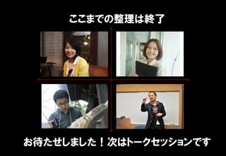 ここまでの整理は終了




お待たせしました！次はトークセッションです
 