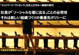 「ネットワーク・プレゼンス」を向上させる＝価値の時代


社員が「ソーシャルな場に出る」ことの必然性
それは新しい組織づくりの最優先ポリシーに




※始め方の整理は（たぶん）必要
Copyright © 2012 ITmedia Inc.   7
 